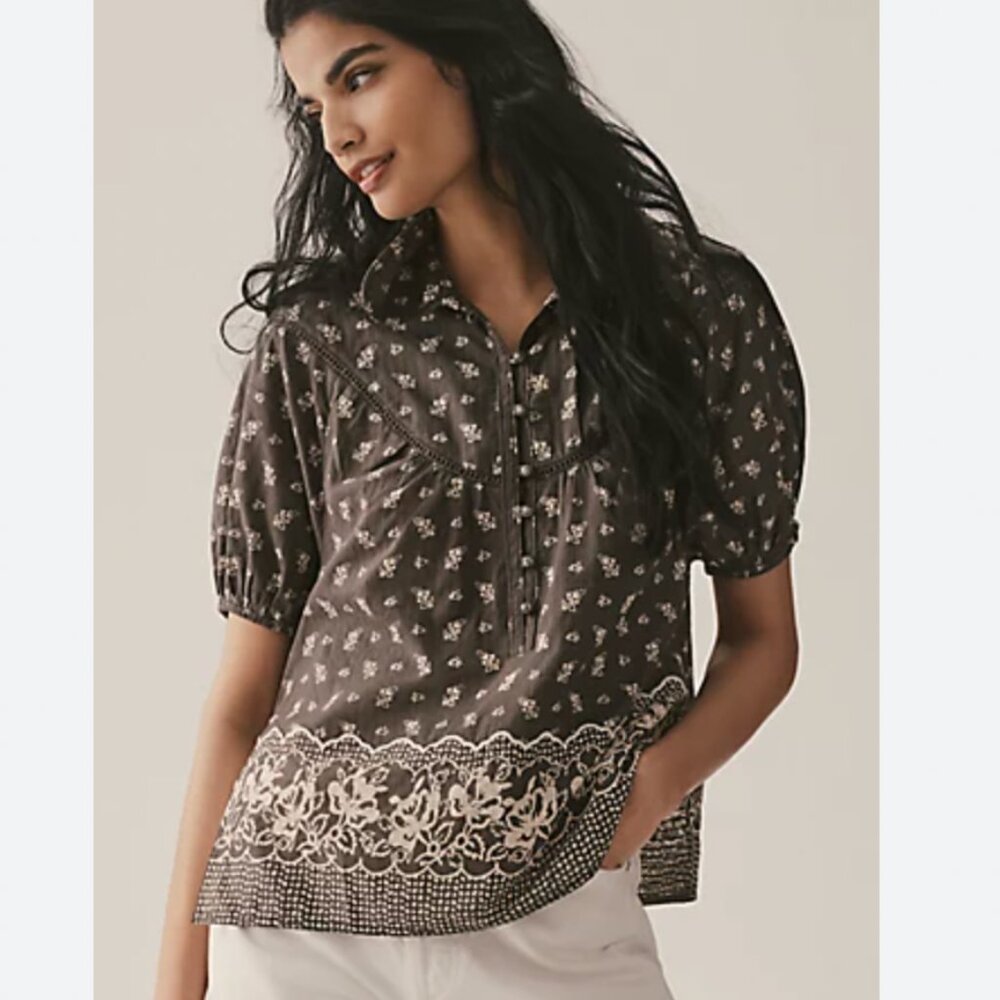 Pilcro Brown Floral Border Print Puff-Sleeve Blouse